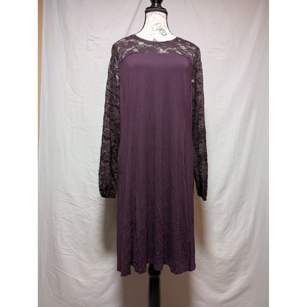 Apt. 9 Dark Purple Floral Lace Sleeve Crew Neck Shift Dress Women's Large